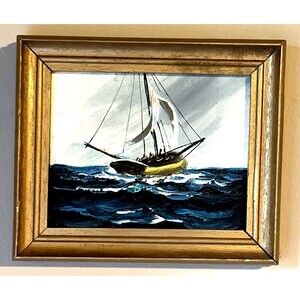 Vtg Boston Souvenir Hand Painted Oil on Canvas Sailboat Maritime Seascape 7x5.5"